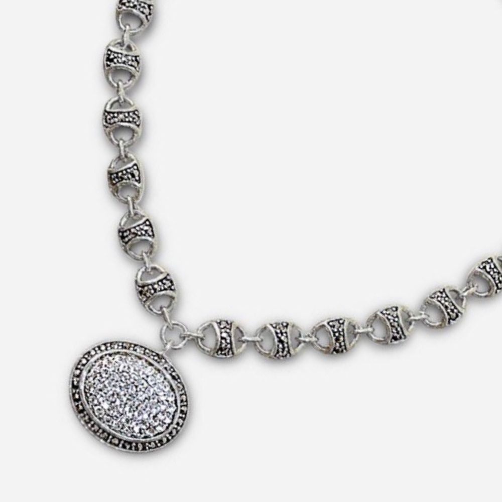 PREMIUM THAI SILVER & PAVE STONE LINK & PENDANT NECKLACE